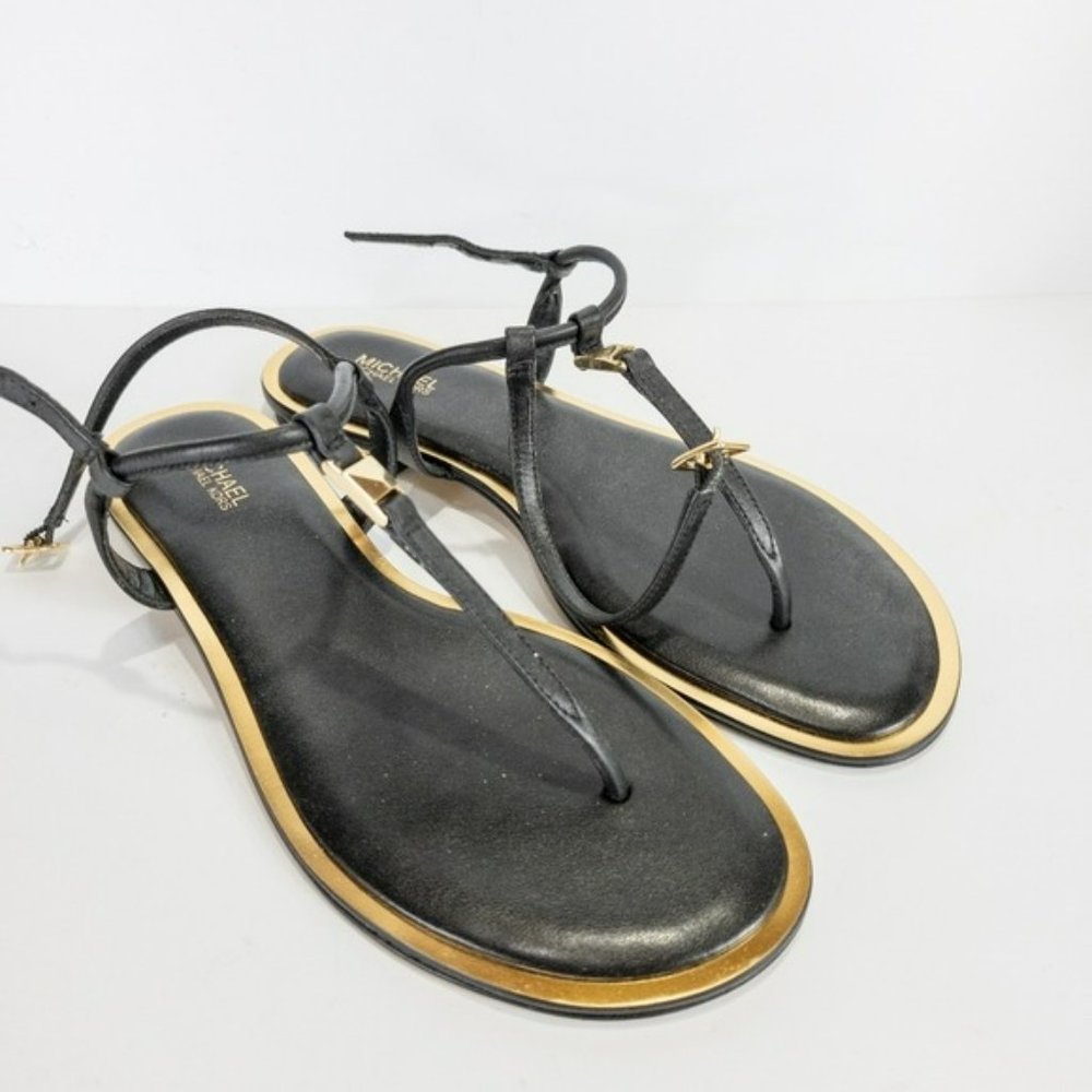 Michael Kors Fanning T Strap Flat Sandals Black -7.5 - Picture 2 of 5